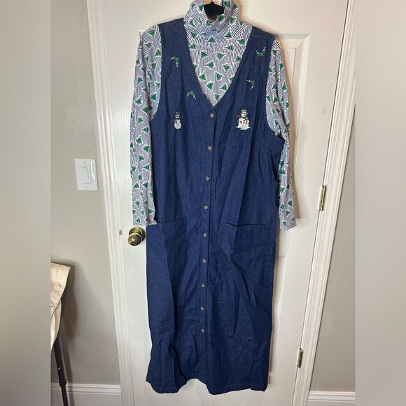 VINTAGE 1X 90s Denim Jumper Dress & XL Turtleneck 2PC SET Snowmen Christmas Tree - Picture 1 of 6